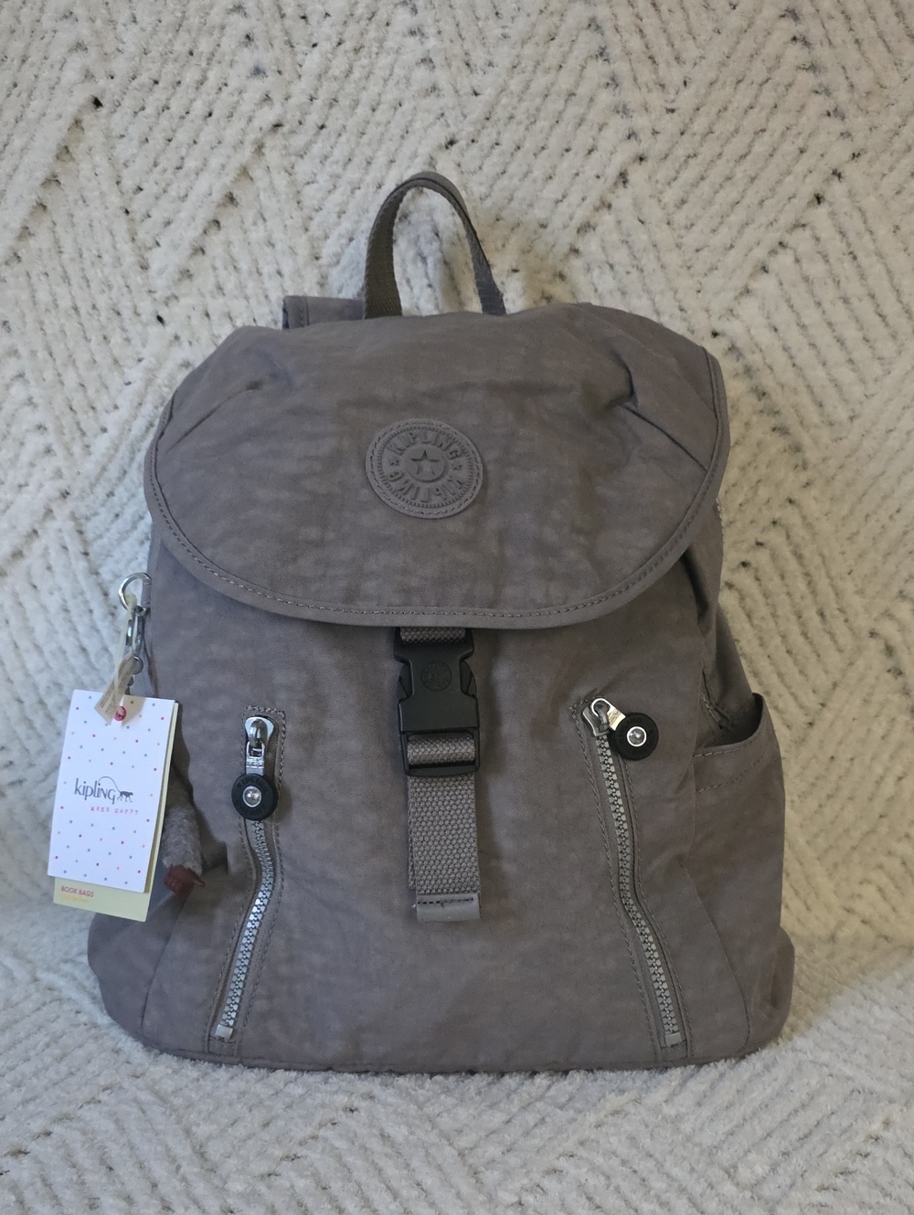 Kipling Taupe Gray Nylon Drawstring Small Backpack with Front Zips